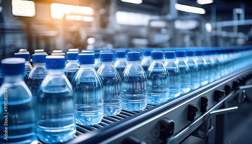 A conveyor belt filled with identical water bottles.  (1) photo