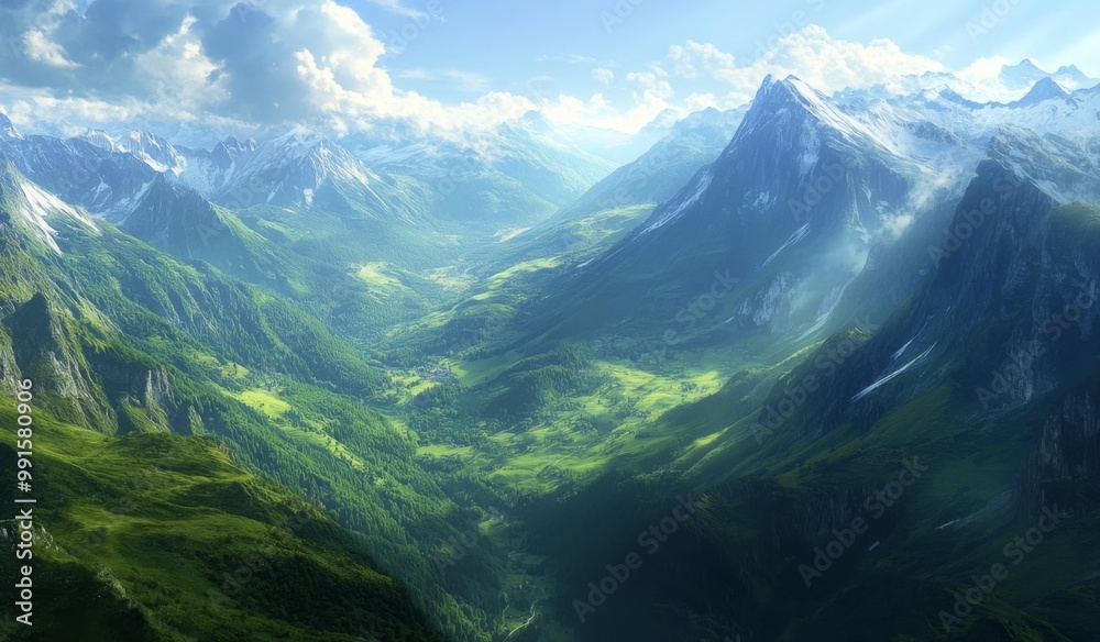 A breathtaking view of the Alps with sunlight streaming through majestic mountains and lush green valleys below, under a clear blue sky 