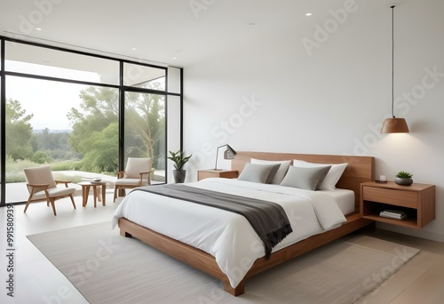 A modern and spacious bedroom with a large bed, white bedding, and a wooden nightstand. The room has white walls, recessed lighting, and a large window overlooking a lush outdoor area. The room has a 