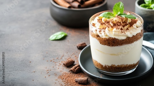 Delicious layered dessert served in a glass with chocolate, cream, and mint garnish on a dark background.