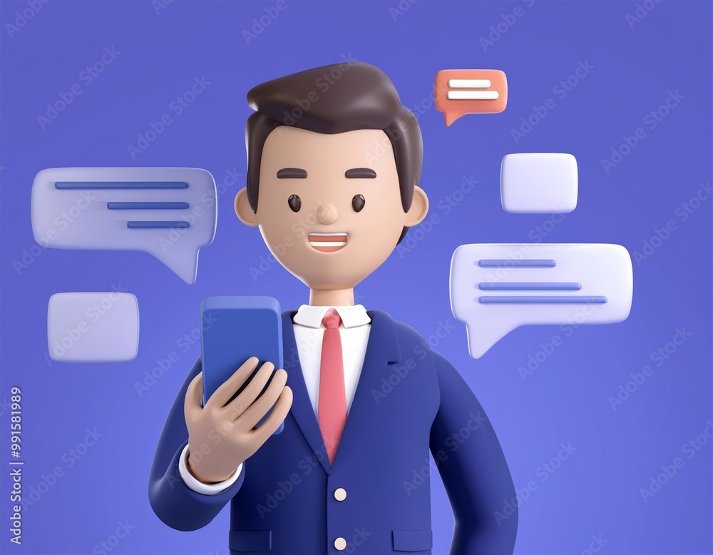 A businessman smiles while checking his phone for messages, 3D illustration A businessman smiles while checking his phone for messages, 3D illustration