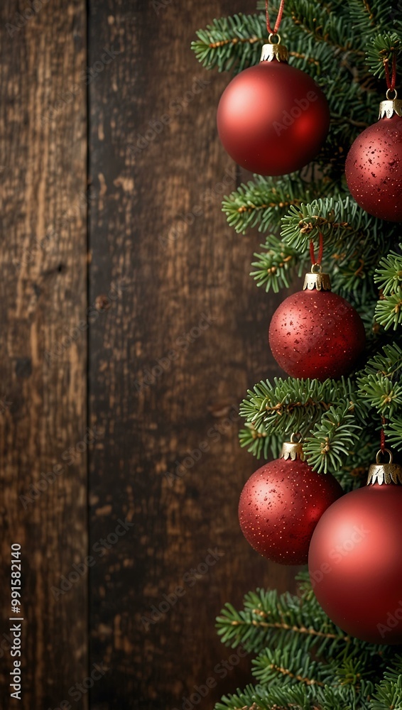 Christmas tree and decorations with wooden space.