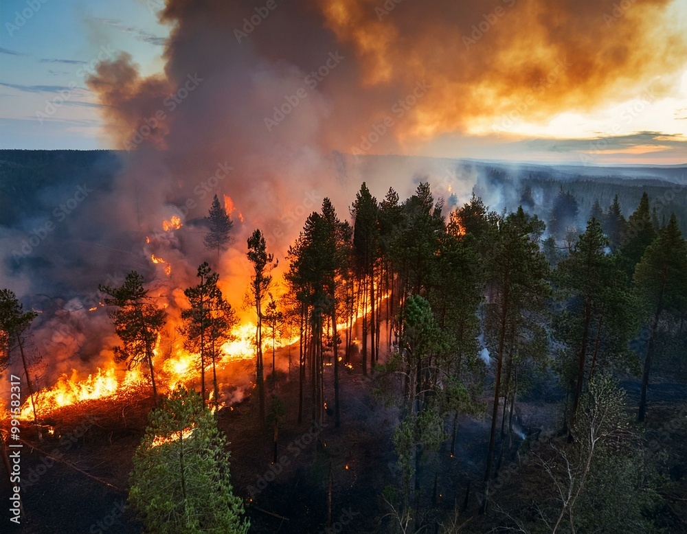 Disastrous incident forest fire. Severe flames rising from a massive blaze outbreak Disastrous incident forest fire. Severe flames rising from a massive blaze outbreak
