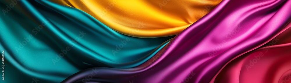 Vibrant silk fabric in shades of teal, yellow, and purple, elegantly draped. Vibrant silk fabric in shades of teal, yellow, and purple, elegantly draped.