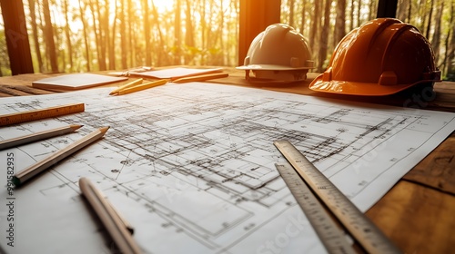 A creative workspace with a large blueprint as the focus, surrounded by pencils, rulers, and a hard hat. The warm natural lighting adds depth and highlights the precision of the drawing. photo