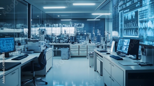 Modern Laboratory Interior with Blue-Toned Lighting and Advanced Technology