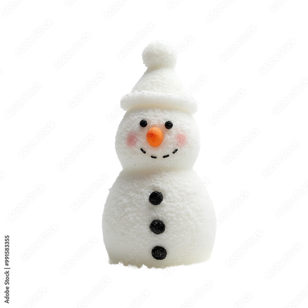 Charming snowman figurine with carrot nose and coal eyes on bright white background Charming snowman figurine with carrot nose and coal eyes on bright white background