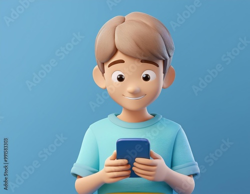 A cartoon boy smiles while looking at his phone, 3D illustration