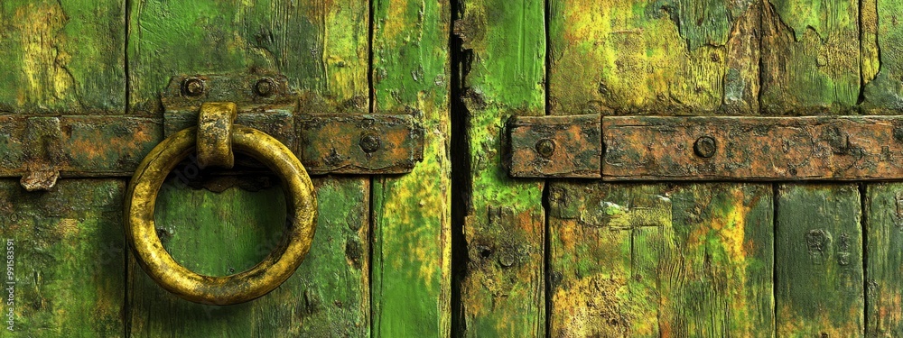 Close-up of a haunted house’s door, faint mist seeping through, tarnished brass knocker hanging loosely, eerie green glow Close-up of a haunted house’s door, faint mist seeping through, tarnished brass knocker hanging loosely, eerie green glow