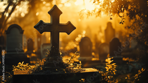 A cemetery with a cross on a tombstone