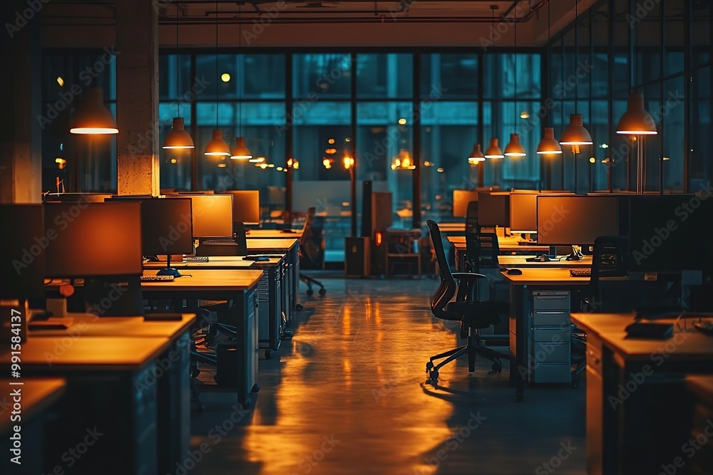 Empty office desks with computers lit by warm overhead lights. Empty office desks with computers lit by warm overhead lights.