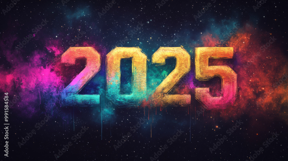 Colorful New Year 2025 text with paint splashes on a cosmic background