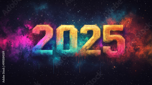 Colorful New Year 2025 text with paint splashes on a cosmic background