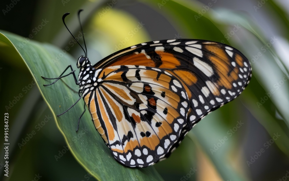 Fototapeta premium Butterfly on leaf. Orange and black butterfly with white spots perched on a green leaf.