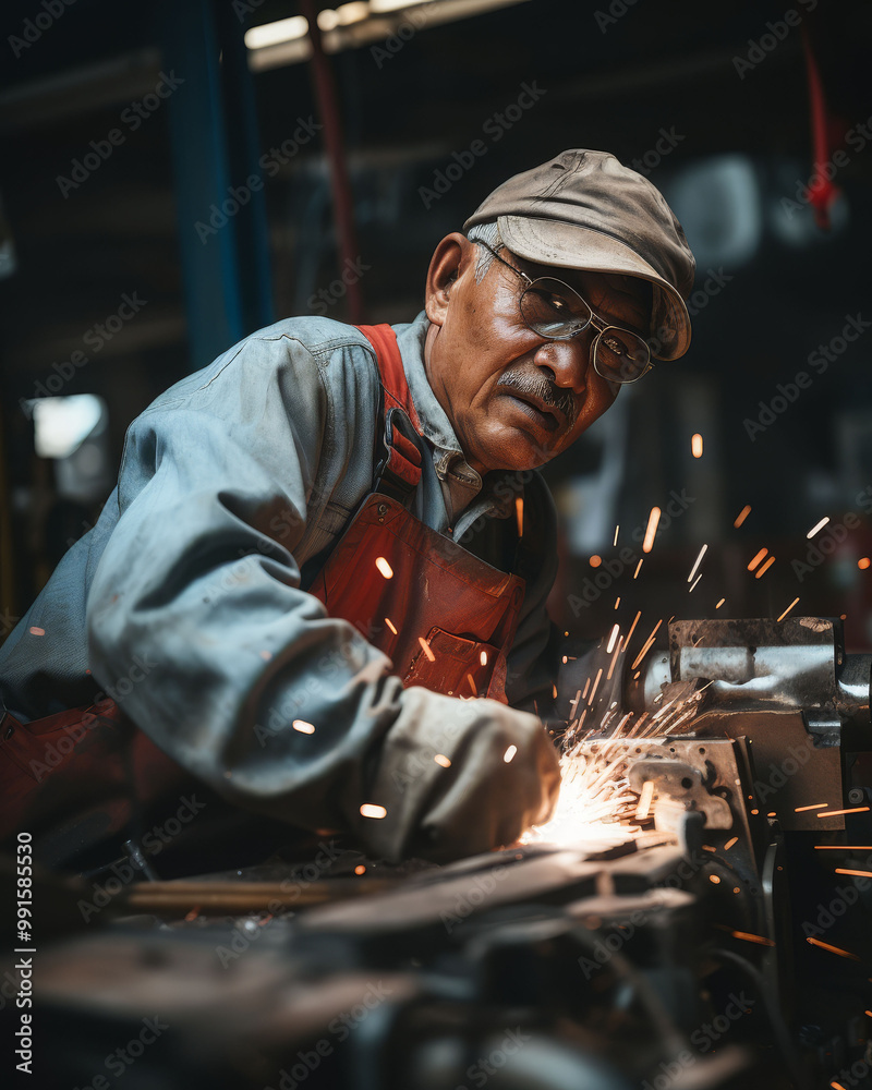A focused older man works with machinery, sparks flying, showcasing dedication and craftsmanship in a workshop environment.
