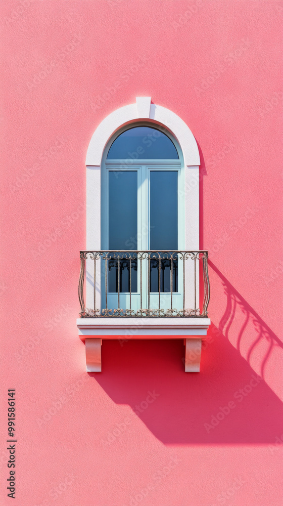 Obraz premium Minimalist balcony on pink wall with closed windows, background