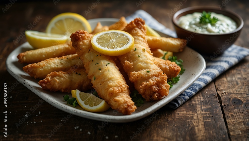 Classic English fish and chips with tartar sauce and lemon. Classic English fish and chips with tartar sauce and lemon.