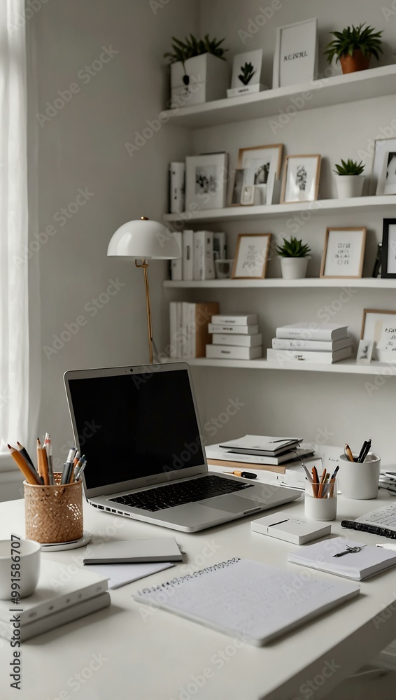 Clean white office with a laptop and work supplies. Clean white office with a laptop and work supplies.