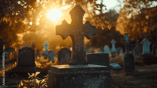 A cemetery with a cross on a tombstone