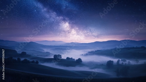 Milky Way galaxy shining above a misty valley at night, casting a cosmic glow over the rolling hills below