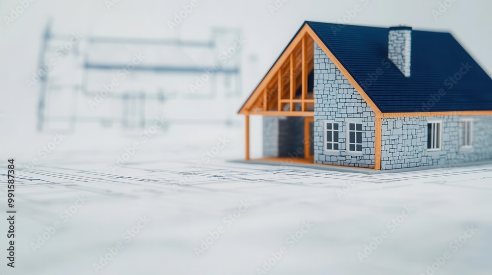 Construction blueprint of a rustic cabin with stone fireplace and wooden beams, House Construction Blueprint, Rustic cabin concept Construction blueprint of a rustic cabin with stone fireplace and wooden beams, House Construction Blueprint, Rustic cabin concept