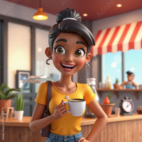 3D cartoon woman smiling and holding a cup of coffee in a cozy café setting. Bright and cheerful atmosphere with modern interior design in the background.
