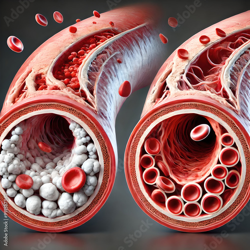 Close-up image showing a cross-section of the aorta affected by atherosclerosis. fatty plaque buildup inside the arterial walls, narrowing the blood flow. photo