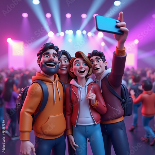 3D cartoon friends taking a selfie at a concert. Fun and energetic group of young people enjoying live music, representing friendship, youth, and social fun at an event.
