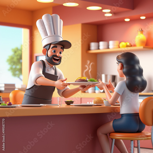 3D cartoon chef serving a freshly prepared meal to a customer at a restaurant counter. Friendly and welcoming atmosphere with warm, vibrant colors.
