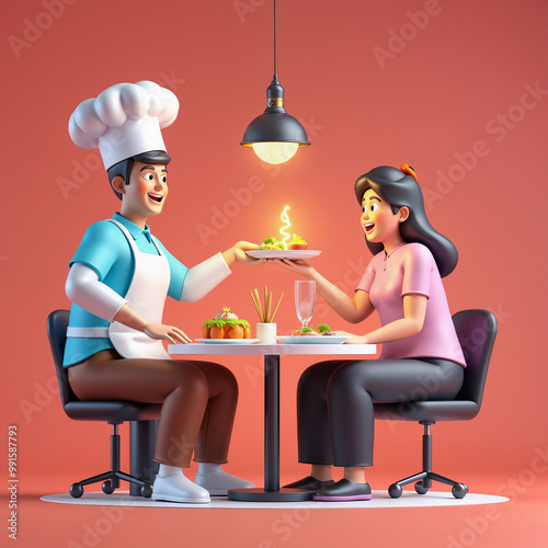 3D cartoon of a chef serving a romantic dinner to a happy customer. Cozy restaurant setting with a warm light and vibrant colors, perfect for a dining experience.
