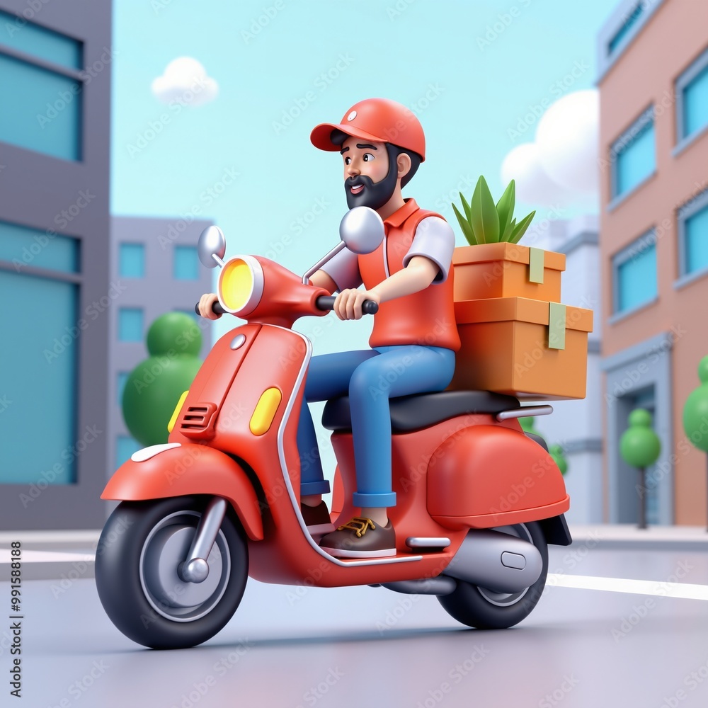 3D illustration of a bearded courier riding a red scooter with boxes in an urban environment. Perfect for delivery, courier service, and logistics themes.
3D illustration of a bearded courier riding a red scooter with boxes in an urban environment. Perfect for delivery, courier service, and logistics themes.