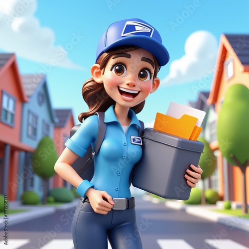 3D illustration of a female mail carrier holding letters in a suburban street, smiling. Ideal for delivery, postal service, and communication themes.
