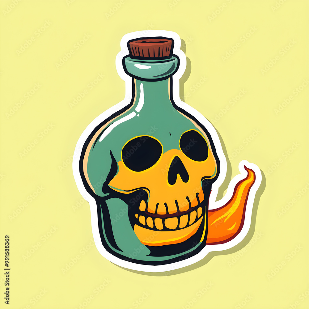 Cute sticker vector-style image of skull shaped poison bottle. Generative AI