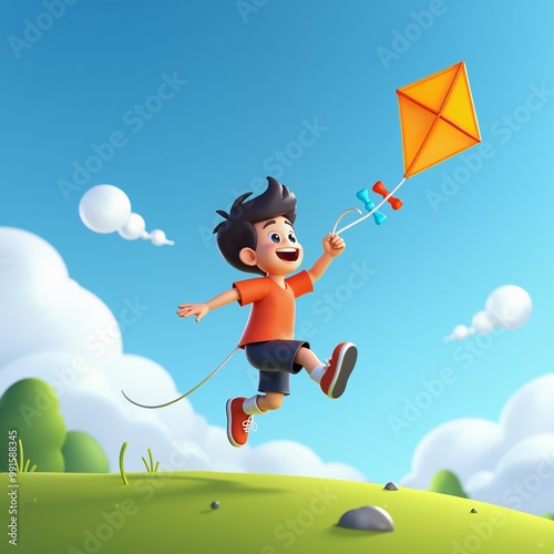 3D illustration of a boy running in a field with a kite, surrounded by clouds. Outdoor fun, childhood joy, vibrant colors, cartoon character.

