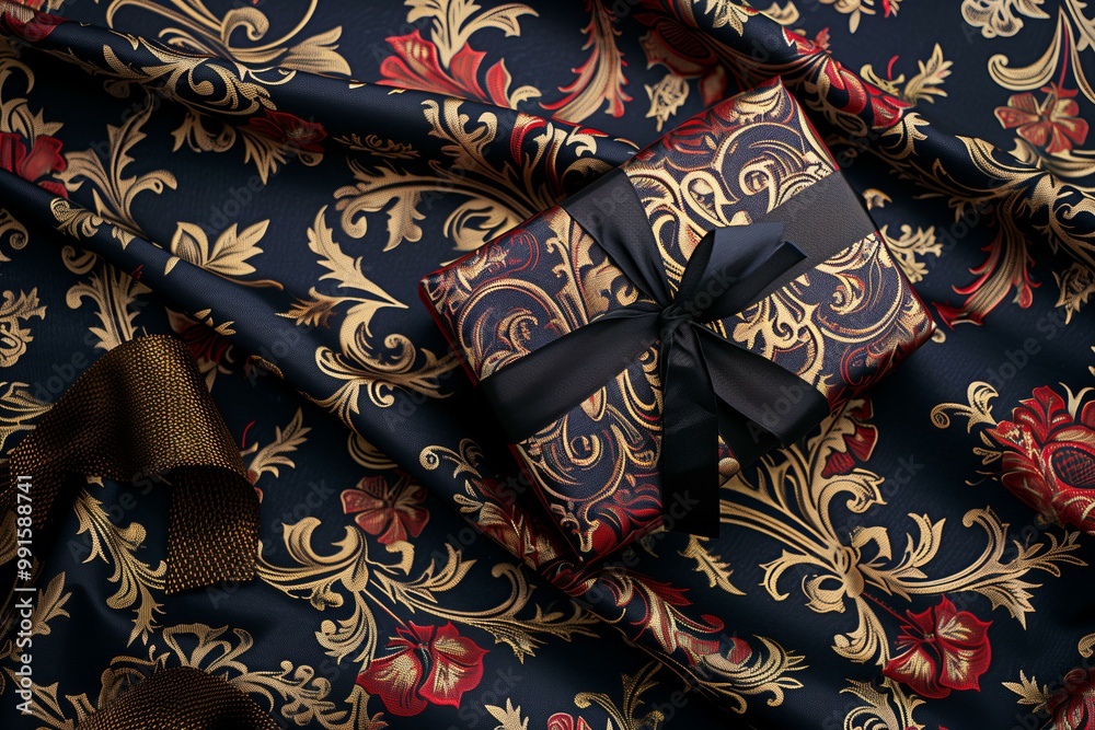 beautiful Christmas gift wrapped in a gift paper with red dark blue and gold retro print on top of the paper with the same print beautiful Christmas gift wrapped in a gift paper with red dark blue and gold retro print on top of the paper with the same print