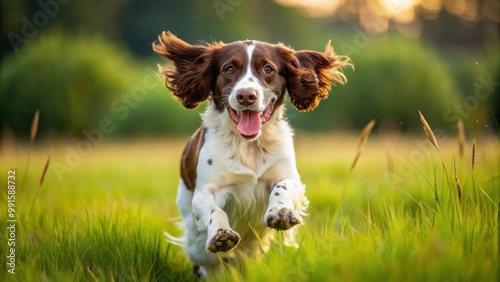 Playful English Springer Spaniel dog running in a field of grass, dog, pet, animal, springer spaniel, adorable, playful