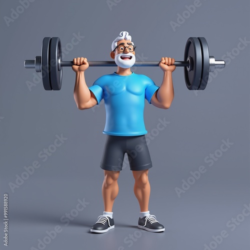 3D illustration of an elderly man lifting a heavy barbell. Active senior weightlifting and strength training, promoting fitness and a healthy lifestyle in cartoon style.
