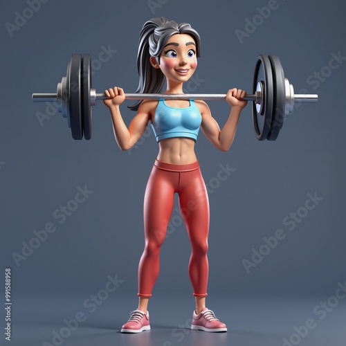 3D illustration of a fit woman lifting a barbell in a gym. Strength training, fitness, and a healthy lifestyle in cartoon style.
