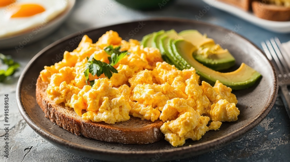 A breakfast setting with scrambled eggs, whole wheat toast, and sliced avocado, showing a balanced and nutritious start to the day. A breakfast setting with scrambled eggs, whole wheat toast, and sliced avocado, showing a balanced and nutritious start to the day.