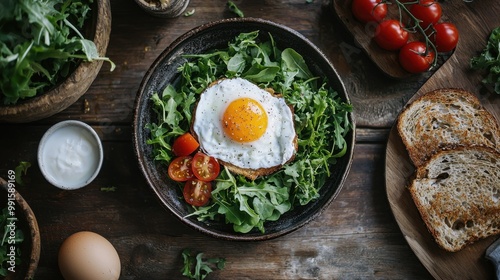 A breakfast spread with whole grain toast, a poached egg, and a side of leafy greens, promoting balanced meals rich in essential nutrients. photo