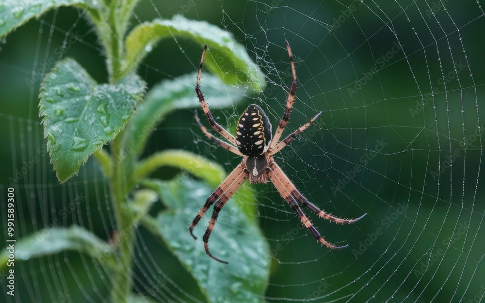 Spider web nature. A black and yellow spider sits in the center of its web, surrounded by green foliage.