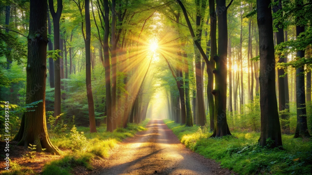 Fototapeta premium A mystical forest path with sunlight beaming through the trees, symbolizing destiny and guidance, destiny, shining, path, soul