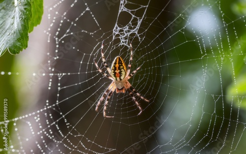 Spider web with dewdrops. A spider sits patiently in its web, waiting for prey. The web is covered in dewdrops, adding a touch of beauty to the scene.