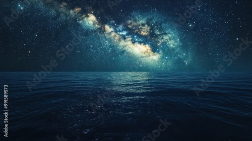 Starry Milky Way galaxy seen above a peaceful ocean at night, with the stars reflecting softly on the water surface