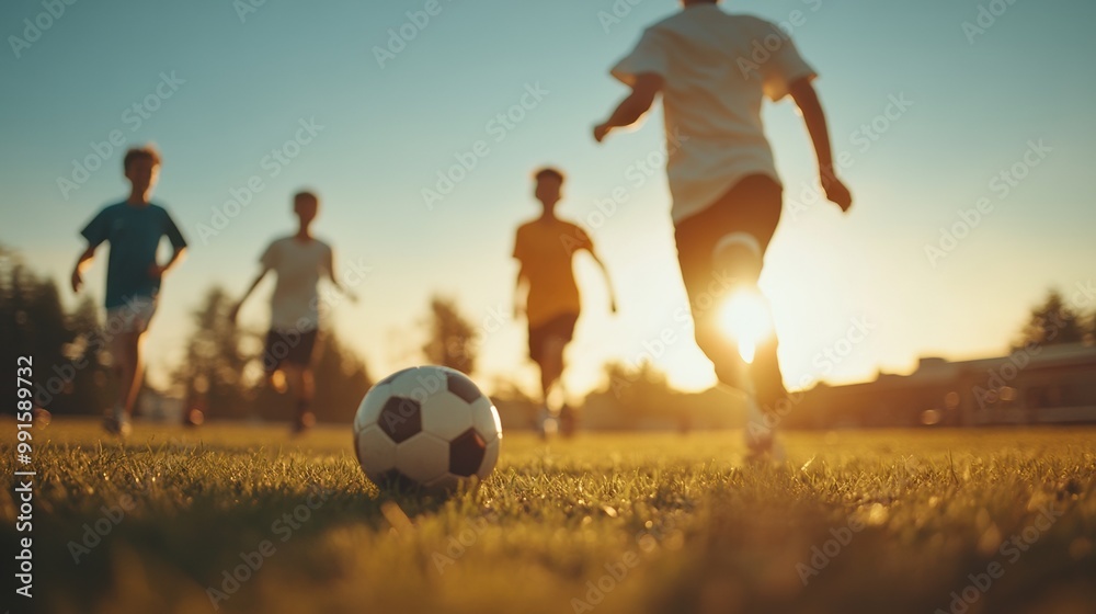 Fototapeta premium Young players enjoying a vibrant soccer game at sunset, showcasing teamwork and energy in a beautiful outdoor setting.
