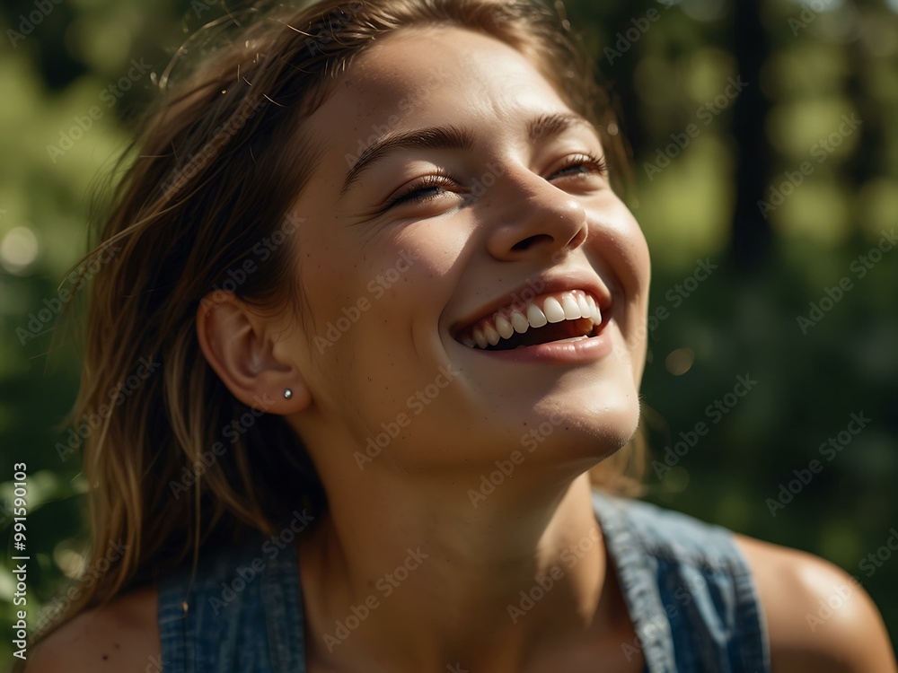 Close-up of a laughing woman in nature. Close-up of a laughing woman in nature.