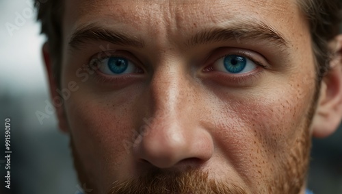 Close-up of a man with striking blue eyes in natural light.