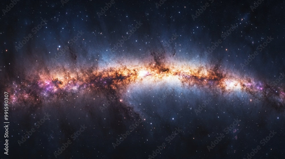 Obraz premium Stunning view of the Milky Way's spiral arms, with bright nebula clouds and star clusters radiating light