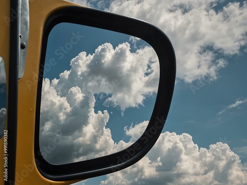 Close-up of a modern bus mirror reflecting the sky. photo