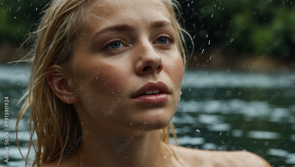 Close-up of a serene woman with blonde hair, water splashing around her.